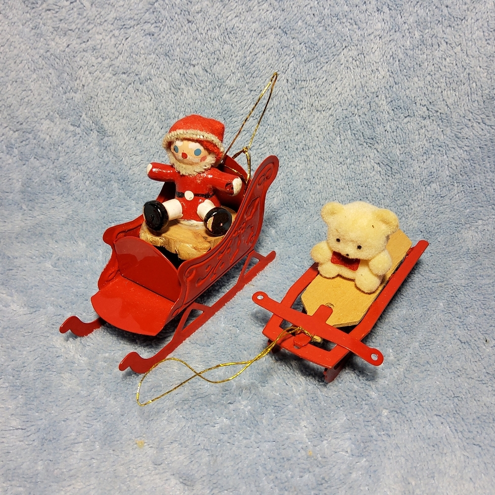 Vintage Avon Metal & Wood Christmas Ornaments Teddy Bear on Sled Santa In Sleigh